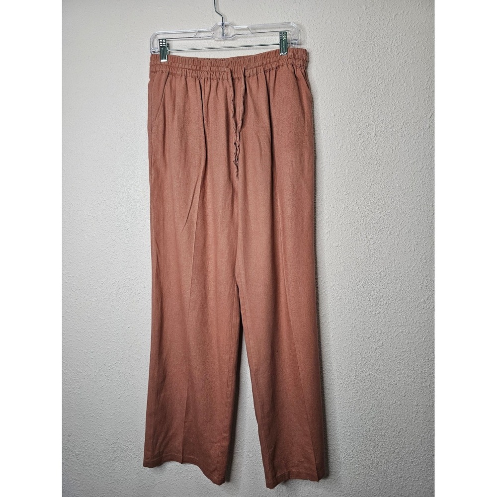 Womens Salmon Terracotta Linen Blend Wide Leg Pants Elastic Waist‎ Large